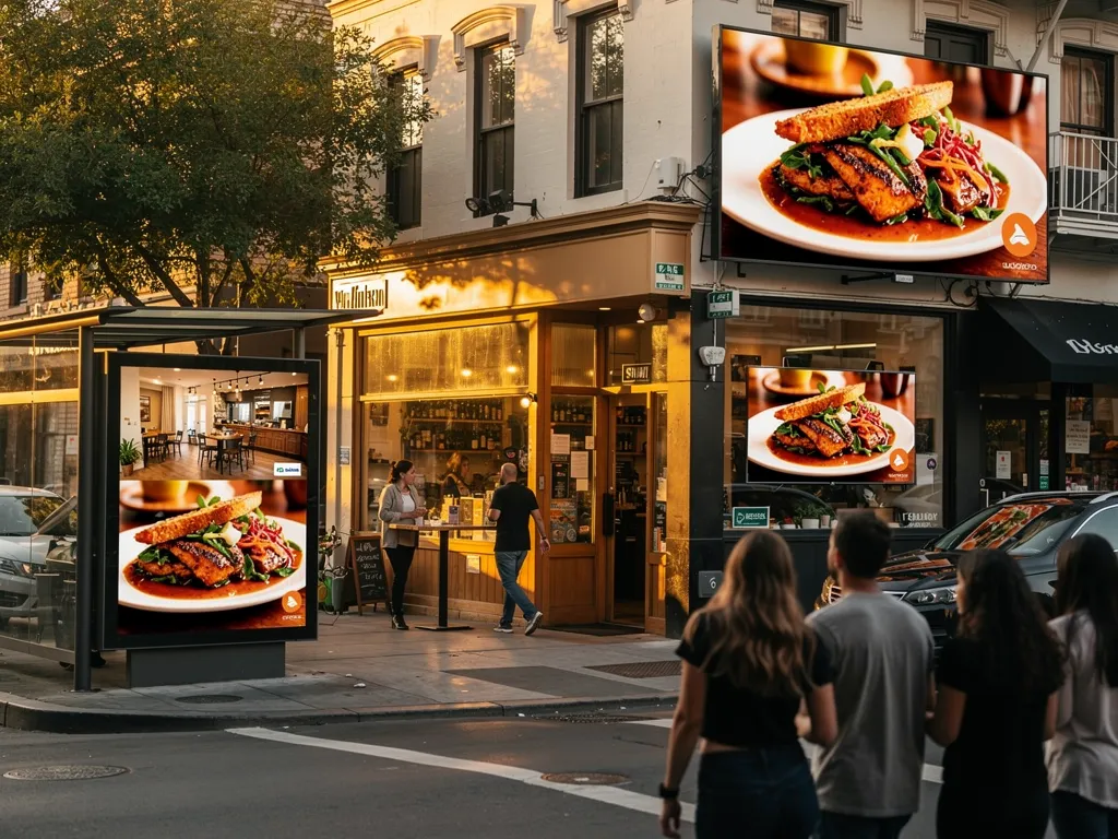 Digital billboard displaying restaurant dish and menu, attracting local diners in an urban setting.