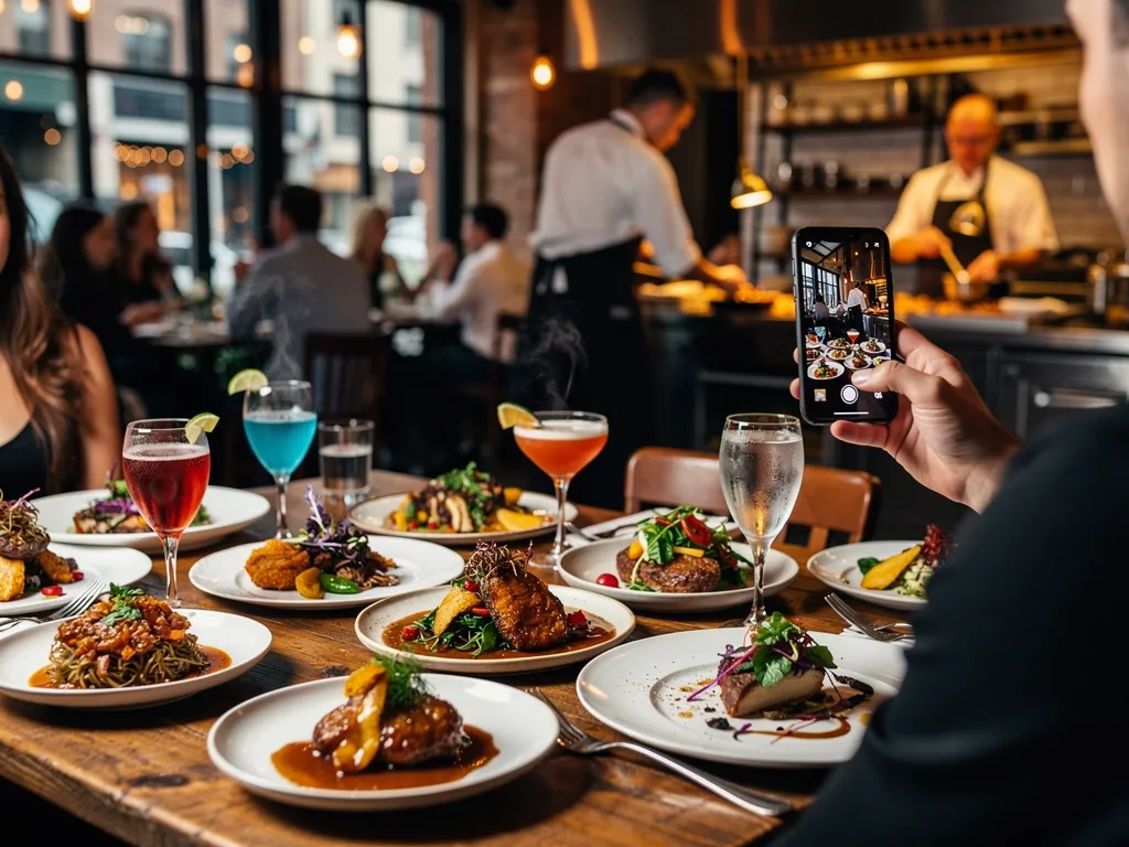 Restaurant interior with vibrant dishes and cocktails, person capturing food photography with smartphone.