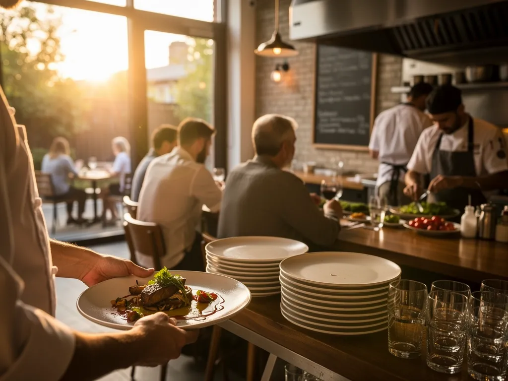 Server carrying a plated dish through a busy open-kitchen restaurant at golden hour