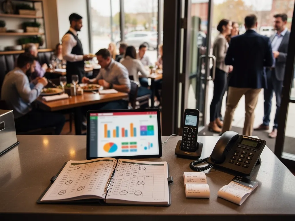 Bustling restaurant interior and tables with a tablet displaying marketing data and phone system, emphasizing