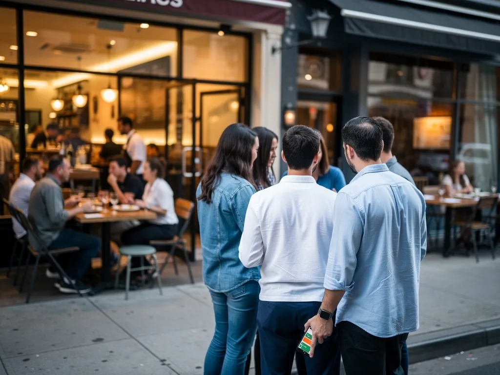 Restaurant exterior with patrons dining and waiting, illustrating fresh photos attracting customers.