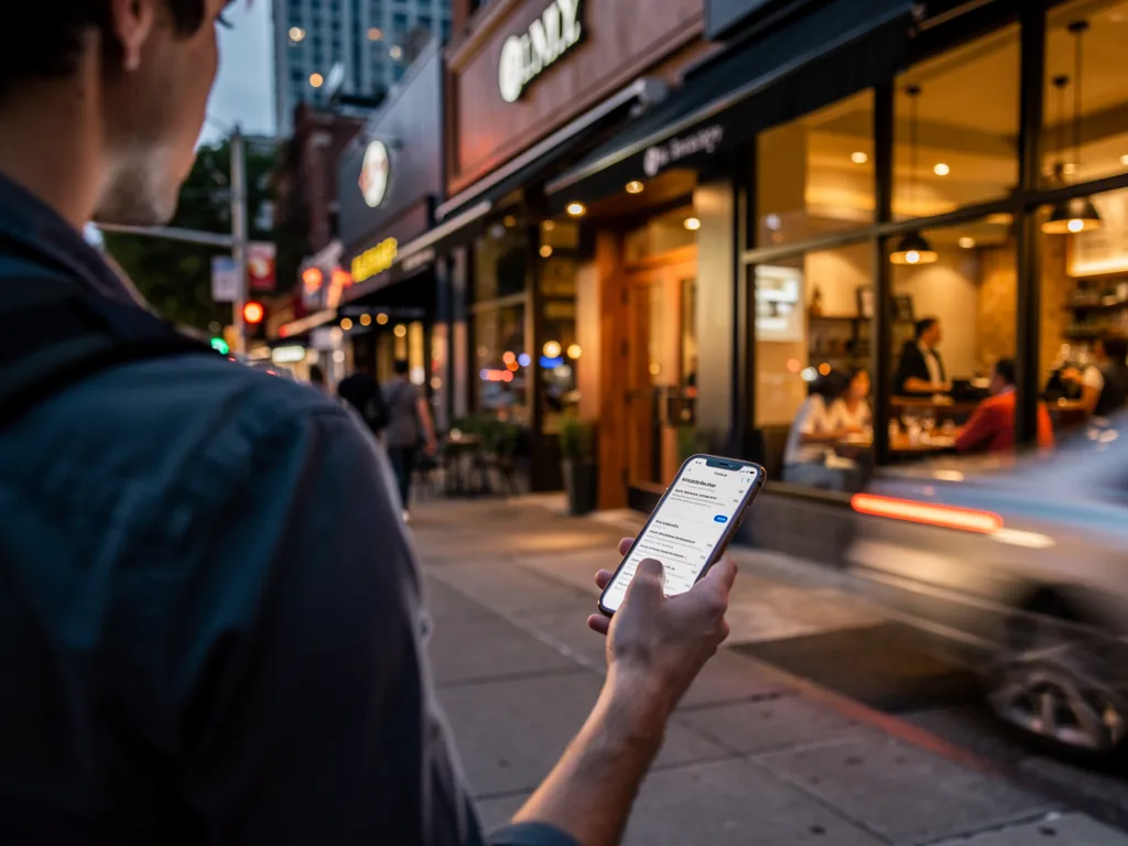 Man holding smartphone outside restaurant, capturing demand and responding to reservations.
