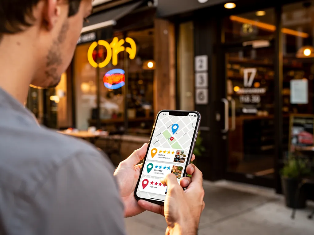 Restaurant Google Business Profile listing on smartphone, map pack visibility for local restaurant discovery.