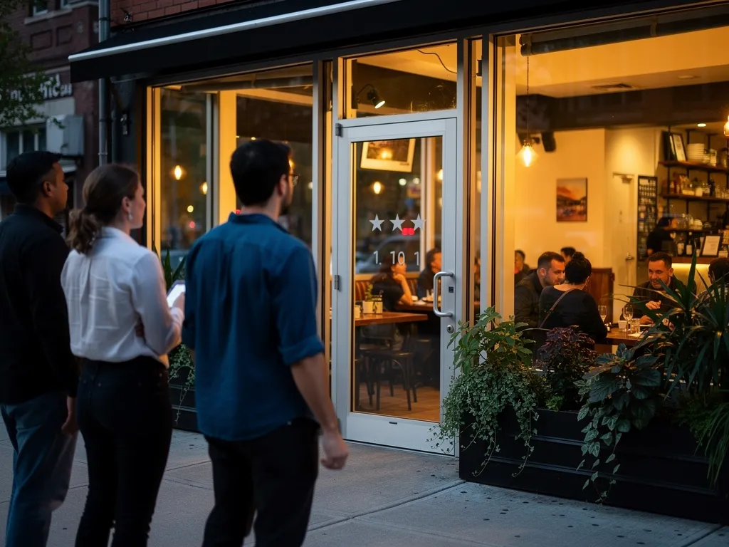 Restaurant exterior with visible star ratings and customers inside, illustrating online reviews impacting dining decisions.