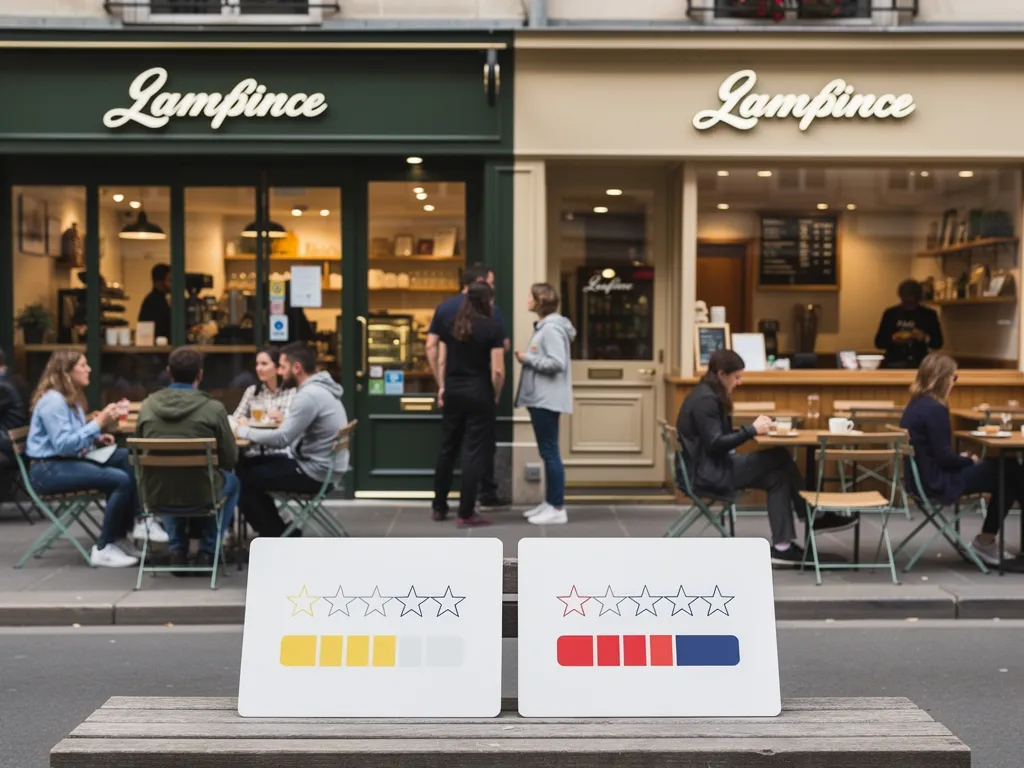 Restaurant exterior with differing online ratings and customer impressions.
