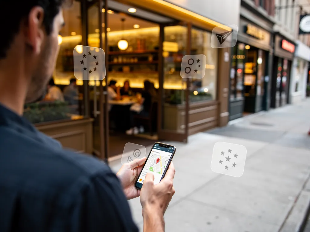 Restaurant exterior with overlaid review icons and Google Maps on smartphone.